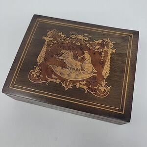 Vintage Wooden Inlay Trinket Box, Jewelry/ Trinket Box Marquetry Chariot 5"x 4"